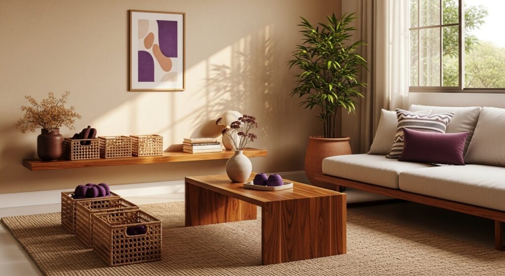 Sala de estar organizada e iluminada, com sofá claro, almofadas roxas, mesa de centro de madeira, cestos decorativos, vasos com plantas e quadros abstratos na parede.