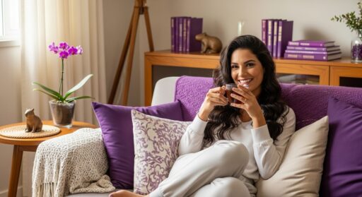 Mulher relaxando e tomando um chá em um ambiente limpo e organizado, transmitindo satisfação com o trabalho realizado.