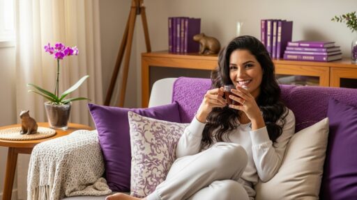 Mulher relaxando e tomando um chá em um ambiente limpo e organizado, transmitindo satisfação com o trabalho realizado.