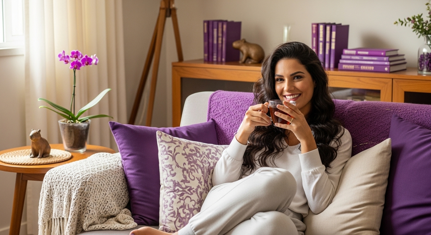 Mulher relaxando e tomando um chá em um ambiente limpo e organizado, transmitindo satisfação com o trabalho realizado.