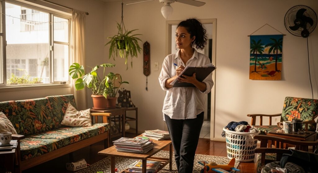 Mulher fazendo um inventário ou checklist em uma sala bagunçada, reforçando planejamento e controle das tarefas domésticas.Mulher fazendo um inventário ou checklist em uma sala bagunçada, reforçando planejamento e controle das tarefas domésticas.
