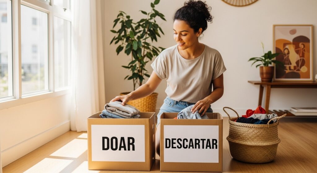 Mulher separando roupas em caixas rotuladas “Doar” e “Descartar”, transmitindo organização e descarte consciente.