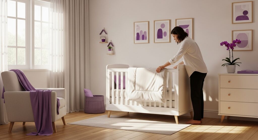 Mulher arrumando o berço branco de um bebê em um quarto decorado com tons de lilás, com poltrona, cômoda e plantas ao redor.