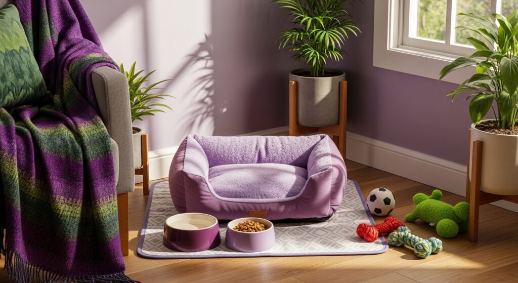 Cantinho para pets com cama lilás, comedouro, brinquedos e tapete no chão, ao lado de sofá e plantas.