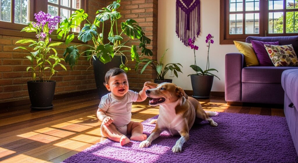Bebê sentado no tapete roxo brincando com um cachorro, com sofá roxo, plantas e quadros decorativos ao fundo.