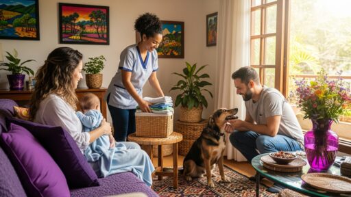 Mulher com uniforme de limpeza segurando uma cesta de roupas dobradas, enquanto um casal e um bebê estão sentados no sofá e o homem interage com um cachorro na sala iluminada por janela, com plantas e quadros coloridos ao fundo.