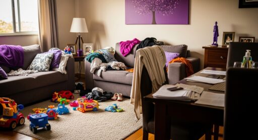Sala de estar com sofá bagunçado e roupas espalhadas, almofadas e manta roxa, brinquedos no chão e mesa com papéis e objetos pessoais.