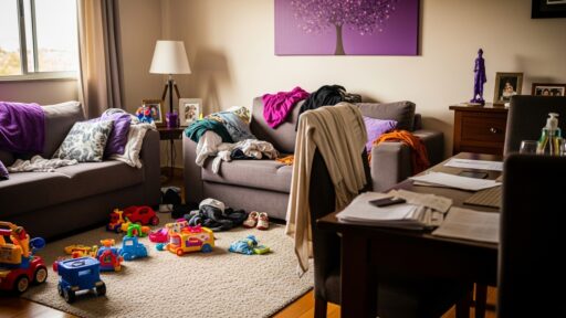 Sala de estar com sofá bagunçado e roupas espalhadas, almofadas e manta roxa, brinquedos no chão e mesa com papéis e objetos pessoais.