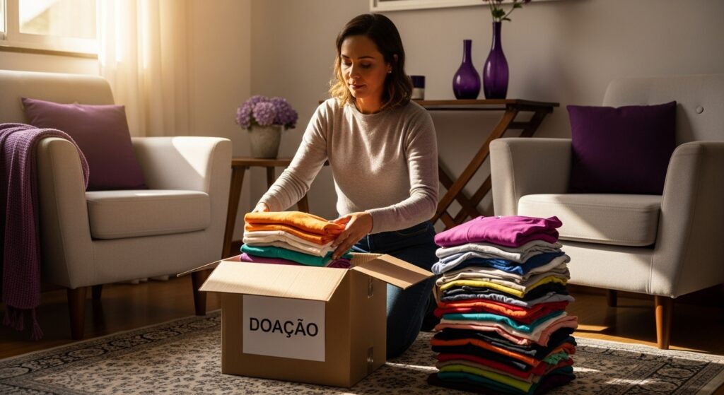 Mulher dobrando roupas coloridas para colocar em caixa de doação, sentada no chão de uma sala de estar com móveis neutros e detalhes em roxo.