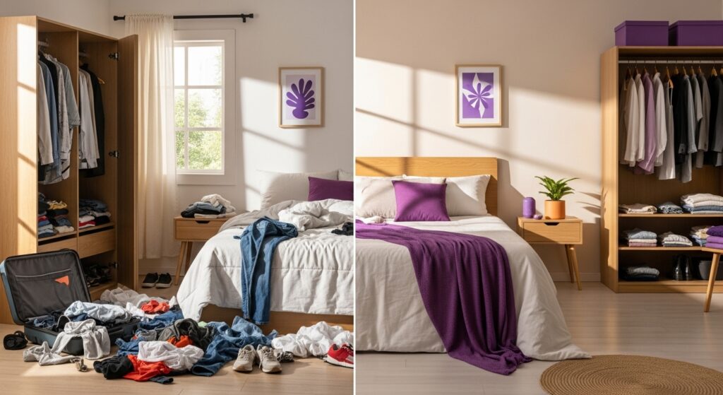 Comparação de quarto bagunçado e quarto organizado: à esquerda, roupas espalhadas pelo chão e cama desarrumada; à direita, cama feita e roupas organizadas no armário, com decoração roxa.