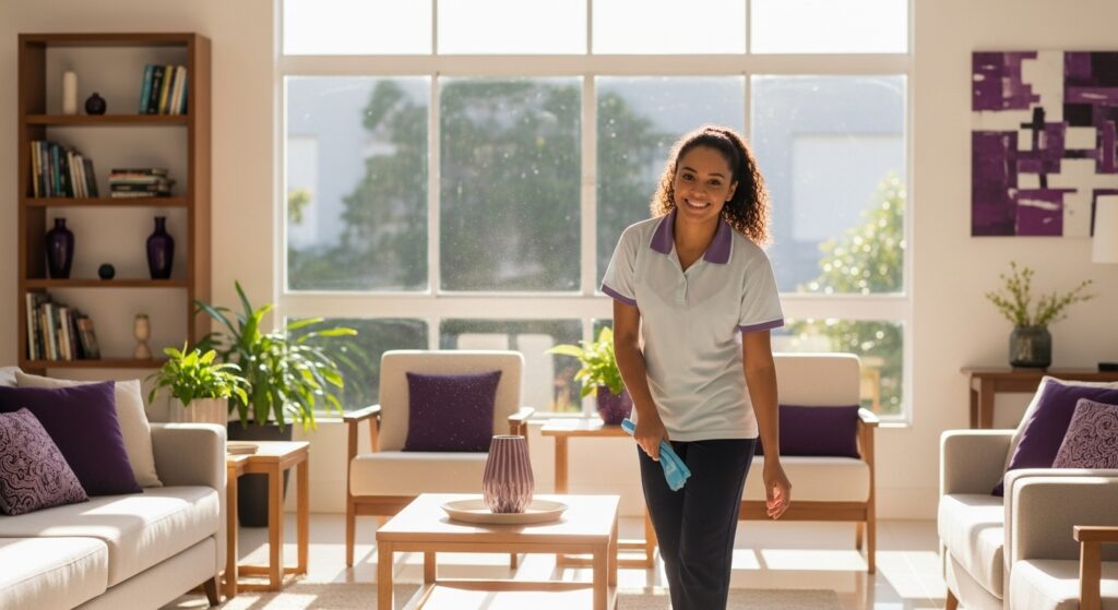 Mulher sorridente limpando a mesa de centro em sala de estar iluminada, com sofás e poltronas brancos e detalhes em roxo.