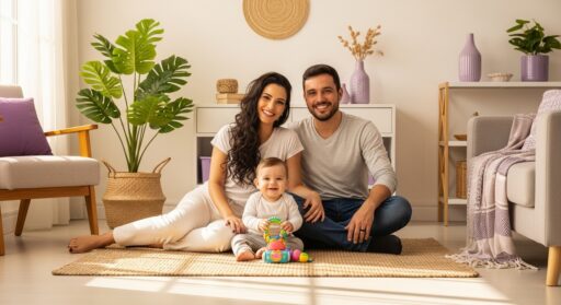 Casal sentado no chão da sala com o bebê no meio, sorrindo para a câmera, com móveis, plantas e vasos lilás ao fundo.