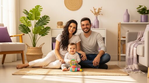 Casal sentado no chão da sala com o bebê no meio, sorrindo para a câmera, com móveis, plantas e vasos lilás ao fundo.