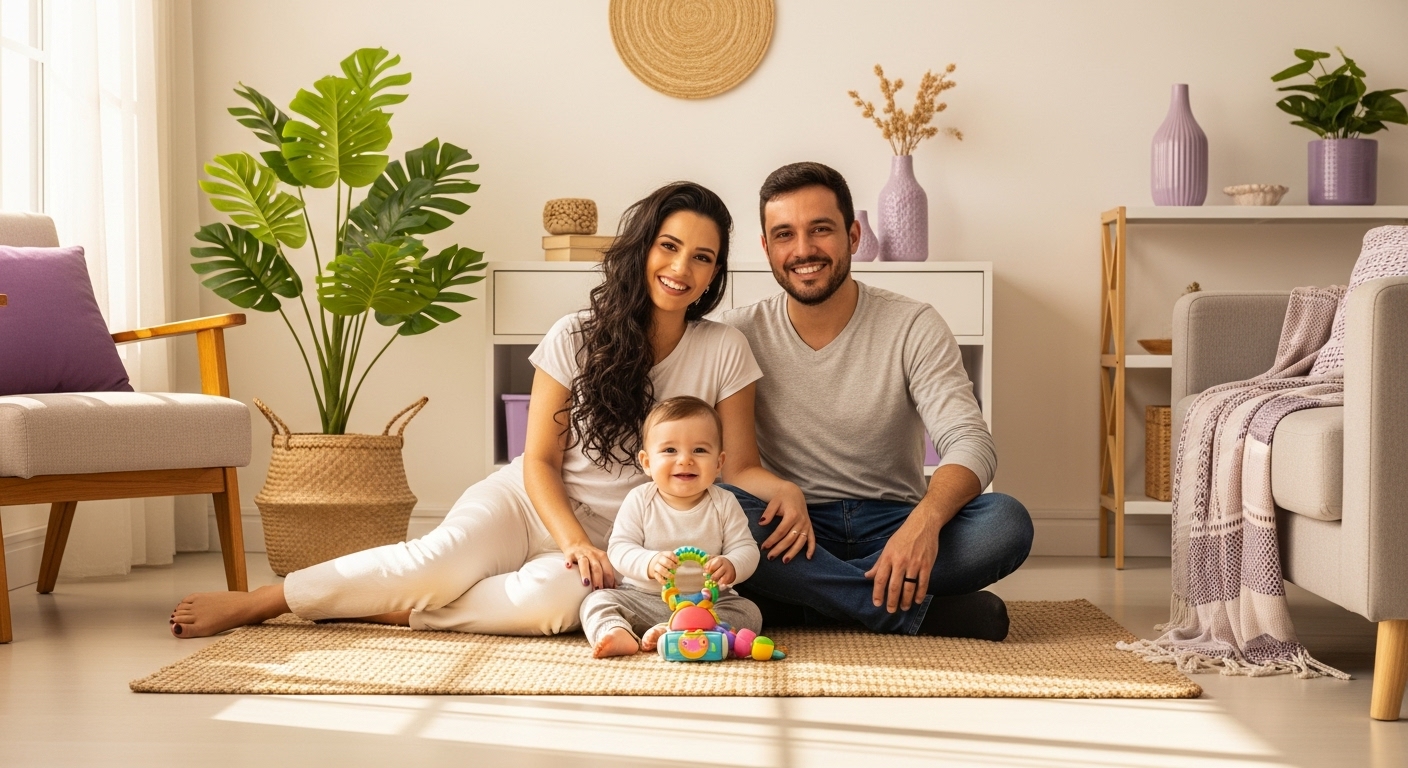 Casal sentado no chão da sala com o bebê no meio, sorrindo para a câmera, com móveis, plantas e vasos lilás ao fundo.