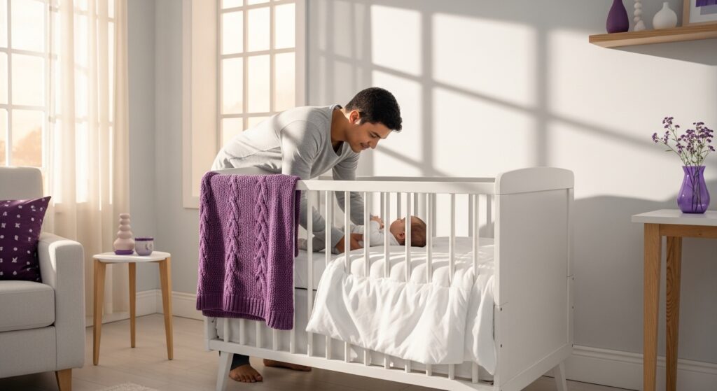 Homem cuidando do bebê no berço branco, com cobertor roxo sobre o lado do berço e luz natural entrando pela janela.