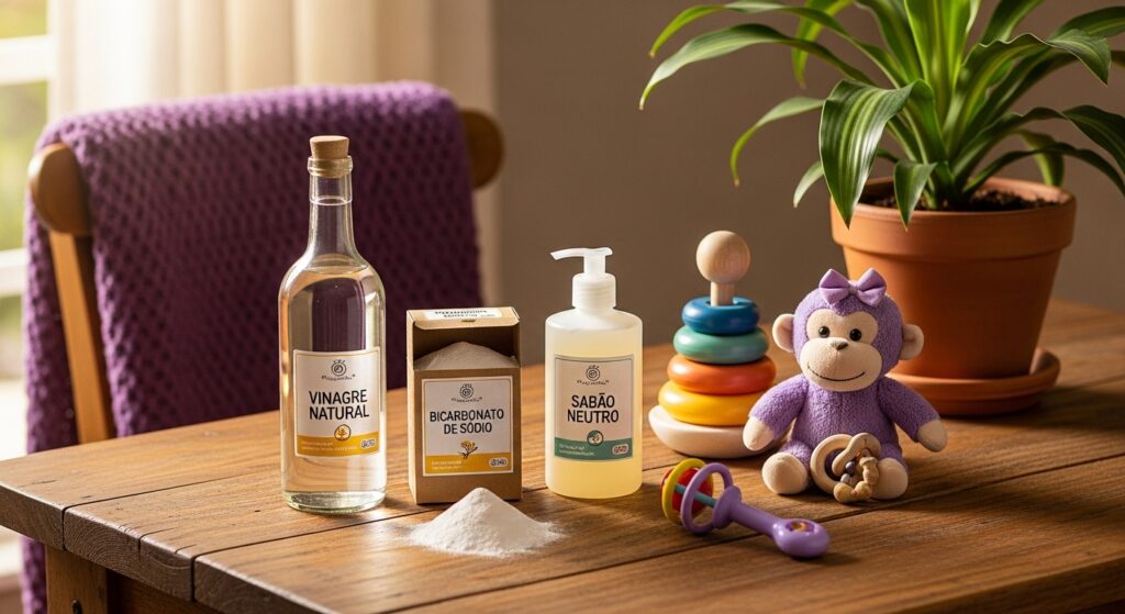 Mesa com produtos de limpeza naturais (vinagre, bicarbonato de sódio e sabão neutro) ao lado de brinquedos infantis e planta em vaso.
