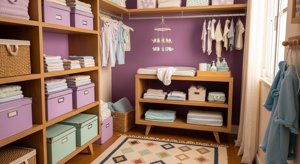 Quarto de bebê organizado com prateleiras, roupas penduradas, caixas e um trocador, com paredes roxas e detalhes decorativos.