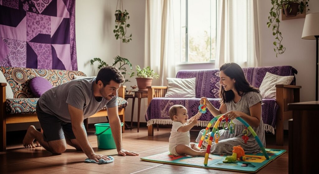 Casal brincando com bebê no chão da sala, o homem passando pano no chão enquanto a mulher interage com a criança, com sofás e plantas ao fundo.
