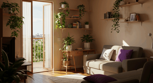 Ambiente acolhedor e iluminado com plantas, sofá confortável e uma porta aberta que dá acesso a uma varanda.