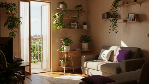 Ambiente acolhedor e iluminado com plantas, sofá confortável e uma porta aberta que dá acesso a uma varanda.