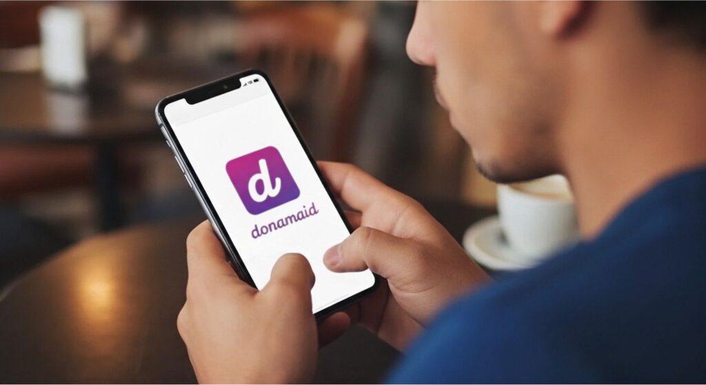 Pessoa utilizando o celular para acessar o aplicativo "Donamaid" para serviços de limpeza.