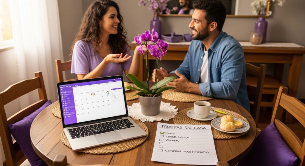Casal conversando alegremente enquanto olham para uma lista de tarefas domésticas, com o laptop e flores ao fundo.