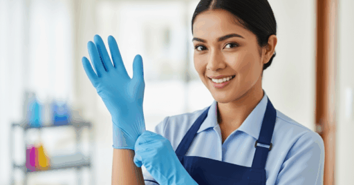 Uma mulher está colocando luvas azuis, sorrindo para a câmera, com produtos de limpeza ao fundo.