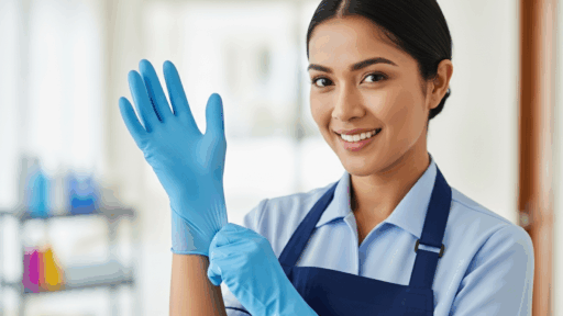 Uma mulher está colocando luvas azuis, sorrindo para a câmera, com produtos de limpeza ao fundo.