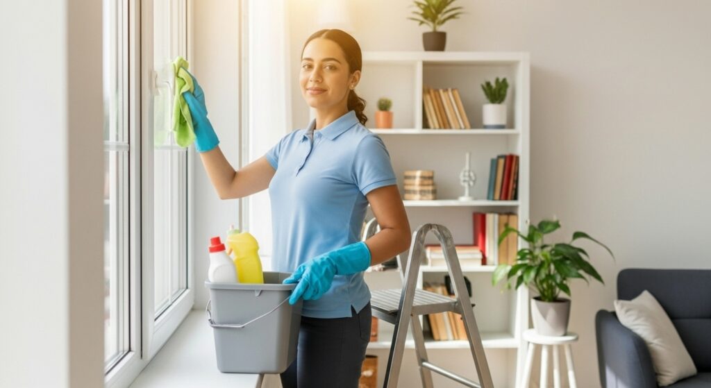 Uma mulher está limpando janelas com um pano e usando luvas, com um balde de produtos de limpeza ao fundo.