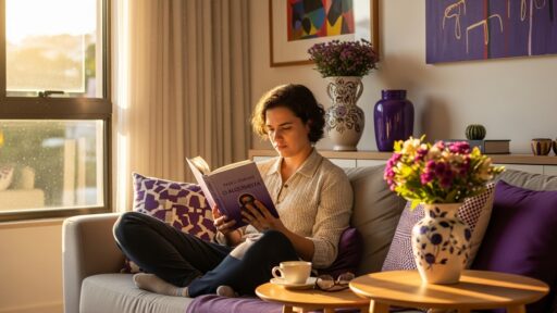Mulher sentada em um sofá, lendo o livro "O Alquimista", com luz suave entrando pela janela.