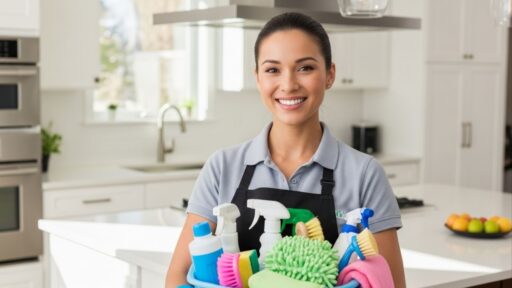 Mulher sorridente segurando um cesto com produtos de limpeza em uma cozinha moderna e bem iluminada.