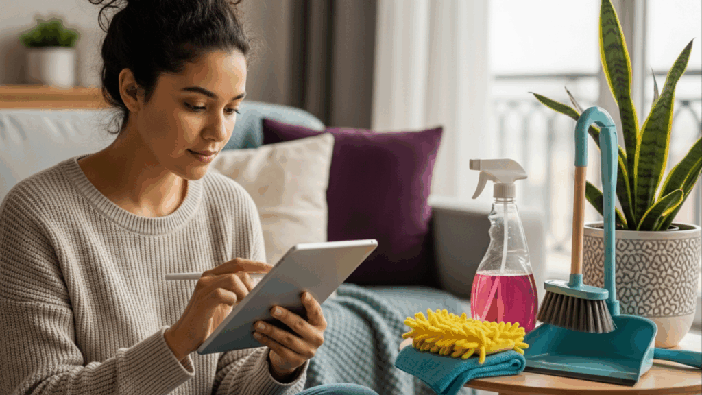 Mulher utilizando um tablet enquanto está sentada confortavelmente, com itens de limpeza próximos e plantas decorando o ambiente.