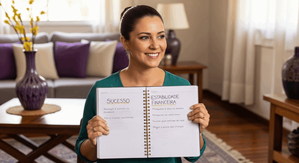 Mulher sorridente segura caderno aberto com metas escritas: “Sucesso” e “Estabilidade financeira”.