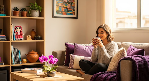 Mulher sentada no sofá sorrindo enquanto segura uma caneca, cercada por almofadas roxas e decoração com plantas.