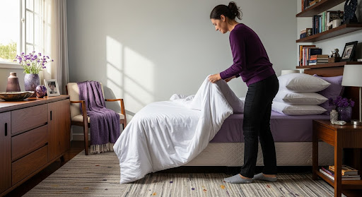 Mulher arrumando uma cama com lençol branco em quarto com decoração aconchegante e detalhes em roxo.