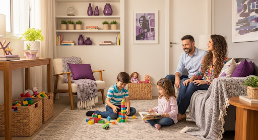 Casal sentado no sofá enquanto duas crianças brincam no chão com blocos de montar em sala organizada e colorida.