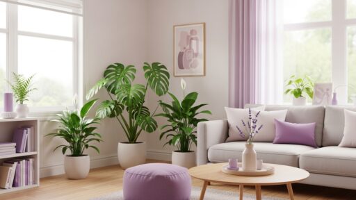 Sala clara com sofá branco, almofadas lilás, plantas em vasos brancos e decoração em tons pastel e lavanda.