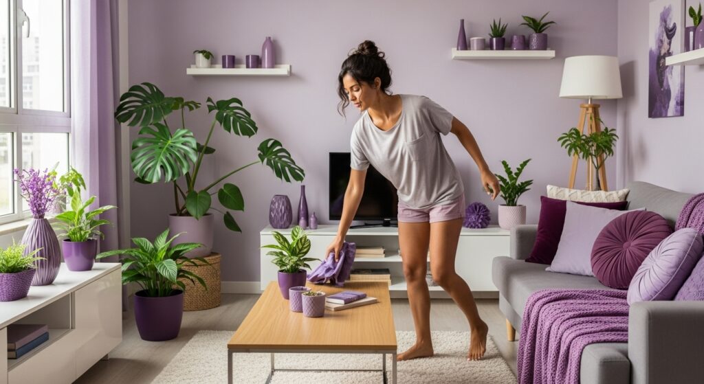 Mulher limpando mesa de centro em sala decorada com plantas e objetos roxos, com luz natural entrando pela janela.