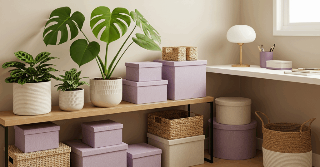 Estante com plantas em vasos brancos e caixas organizadoras roxas ao lado de mesa com luminária e materiais de escritório.