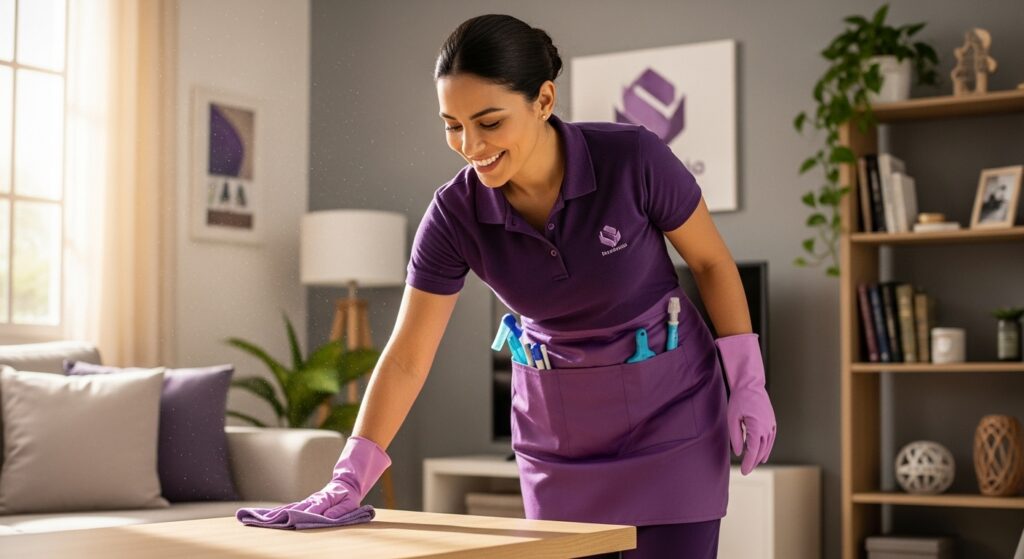 Mulher com uniforme roxo limpando mesa em sala organizada, usando luvas e avental com produtos de limpeza.