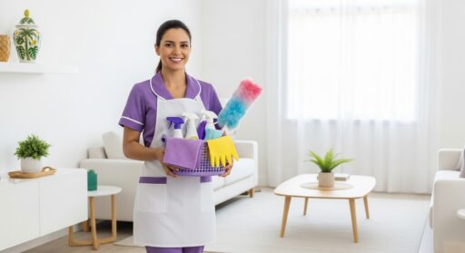 Profissional de limpeza sorrindo com cesto de produtos e acessórios em sala clara e organizada.