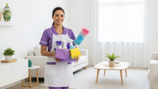 Profissional de limpeza sorrindo com cesto de produtos e acessórios em sala clara e organizada.