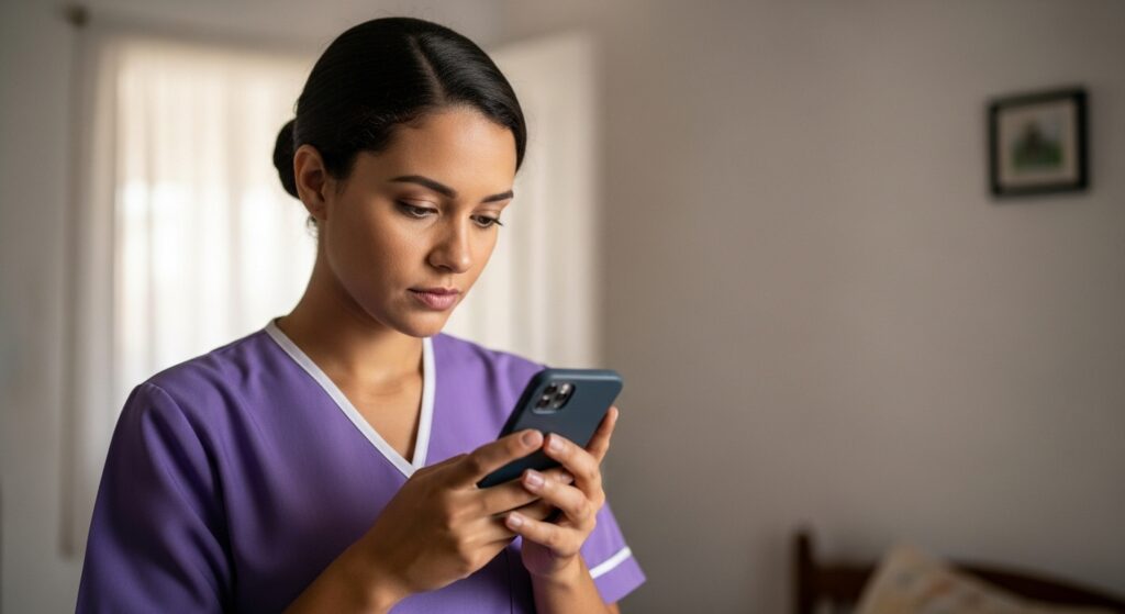 Mulher com uniforme roxo olhando concentrada para o celular em ambiente interno iluminado.