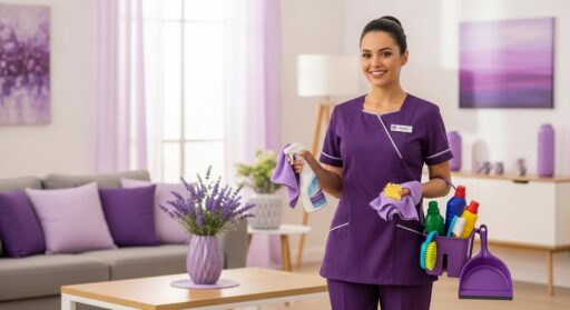 Profissional de limpeza sorrindo em sala decorada de roxo, com uniforme roxo e materiais de limpeza nas mãos.