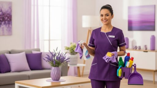 Profissional de limpeza sorrindo em sala decorada de roxo, com uniforme roxo e materiais de limpeza nas mãos.