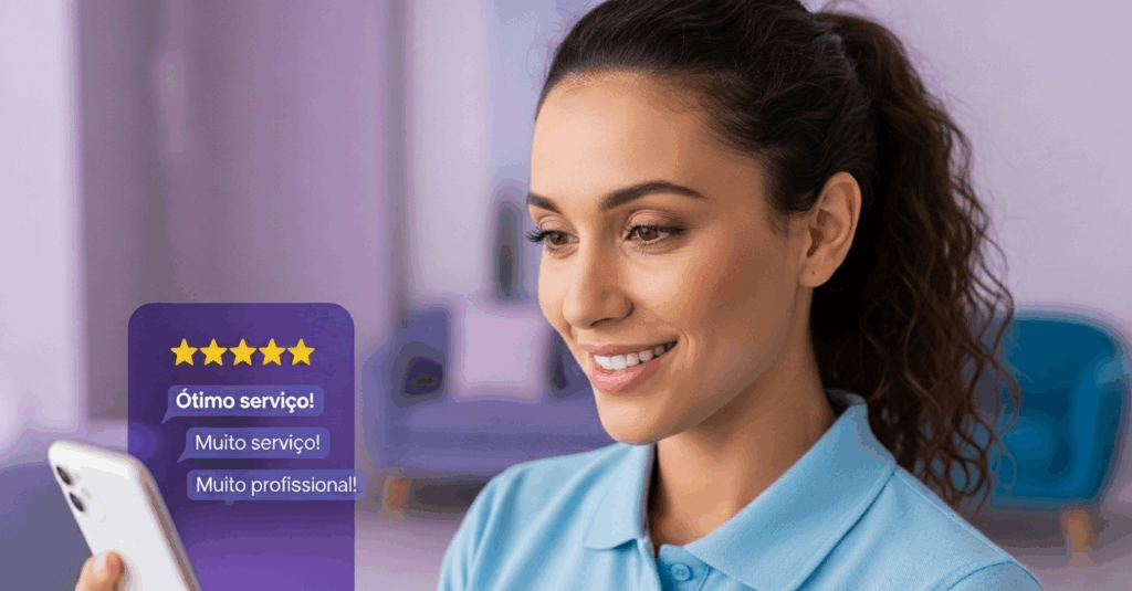 Mulher segurando celular com avaliações positivas na tela, incluindo “Ótimo serviço!” e cinco estrelas.