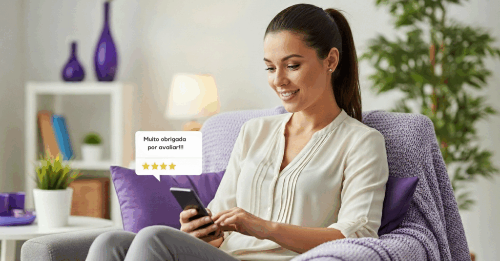 Alt text disse: Mulher sentada em poltrona digitando no celular com mensagem de agradecimento e avaliação com cinco estrelas.