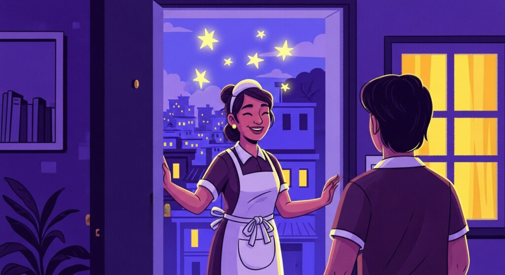 Ilustração de diarista sorrindo na porta de casa ao receber avaliação positiva, com estrelas brilhando ao fundo.