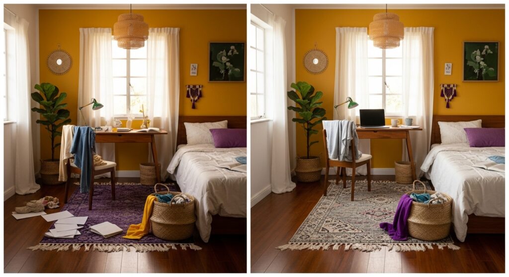 Comparação de quarto bagunçado à esquerda e o mesmo quarto limpo e organizado à direita.