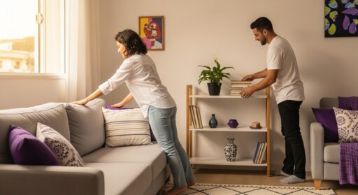 Mulher arrumando almofadas no sofá enquanto homem organiza livros em estante, em sala com decoração roxa e plantas.
